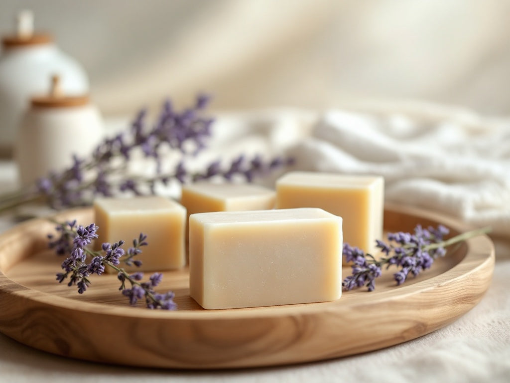 Bathe in Luxury Handmade soap bars displayed on a wooden tray surrounded by fresh lavender sprigs, soft lighting, and a serene spa-like background, evoking relaxation and luxury.