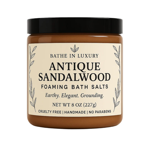 Jar of Antique Sandalwood foaming bath salts with a black lid on a white background