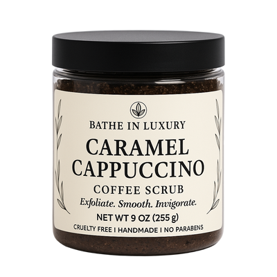 Jar of Caramel Cappuccino Coffee Scrub with 'Bathe in Luxury' label on a white background