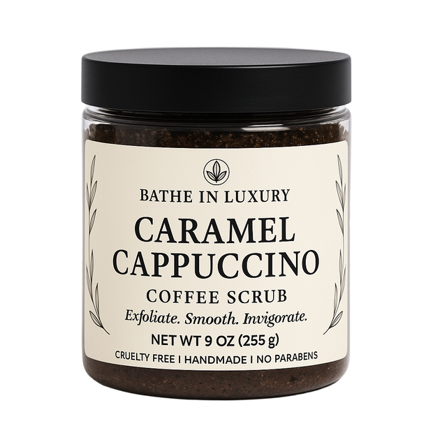 Jar of Caramel Cappuccino Coffee Scrub with 'Bathe in Luxury' label on a white background