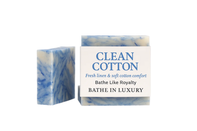 Blue and white marbled soap bar with 'Clean Cotton' packaging on a white background