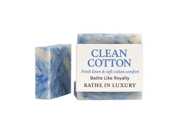 Blue and white marbled soap bar with 'Clean Cotton' packaging on a white background