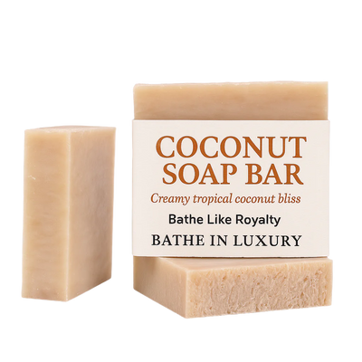 Coconut soap bar with a label on a white background