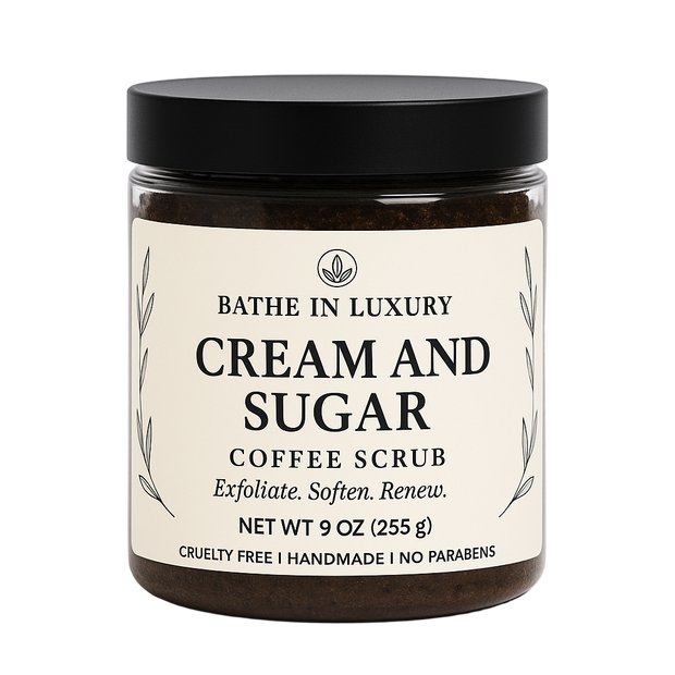 Jar of Cream and Sugar Coffee Scrub with a black lid on a white background