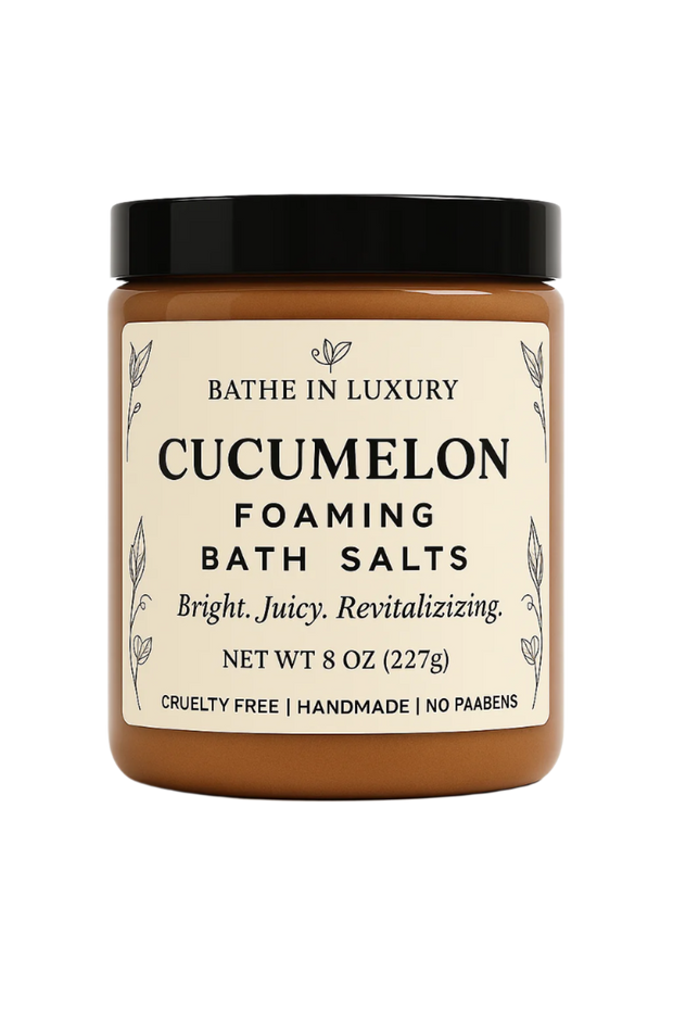 Jar of Cucumelon foaming bath salts with a black lid on a white background