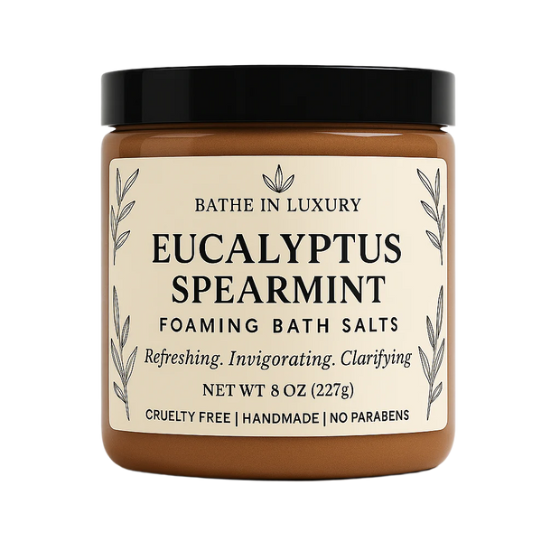 Jar of Eucalyptus Spearmint Foaming Bath Salts with a black lid on a white background