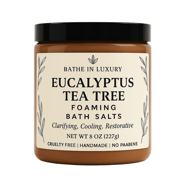 Jar of Eucalyptus Tea Tree Foaming Bath Salts with a black lid on a white background