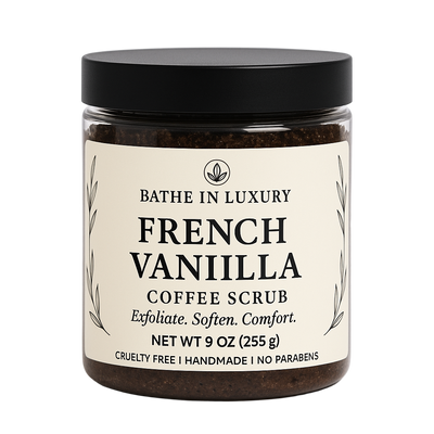 Jar of French Vanilla Coffee Scrub with a black lid on a white background