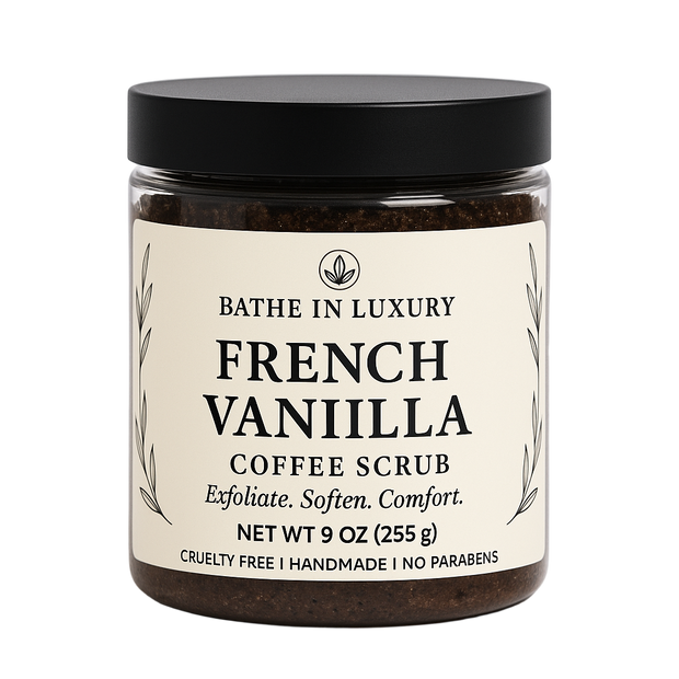 Jar of French Vanilla Coffee Scrub with a black lid on a white background