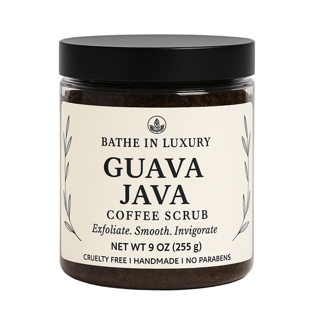 Jar of Guava Java Coffee Scrub with a black lid on a white background