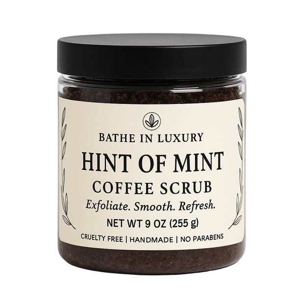 Jar of Hint of Mint Coffee Scrub with a black lid on a white background