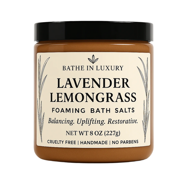 Jar of Lavender Lemongrass foaming bath salts with a black lid on a white background