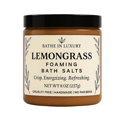 Jar of lemongrass foaming bath salts with a black lid on a white background