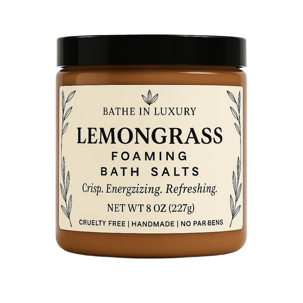 Jar of lemongrass foaming bath salts with a black lid on a white background