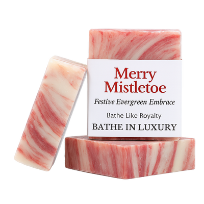 Red and white swirled soap with a packaging label on a white background