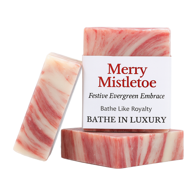 Red and white swirled soap with a packaging label on a white background