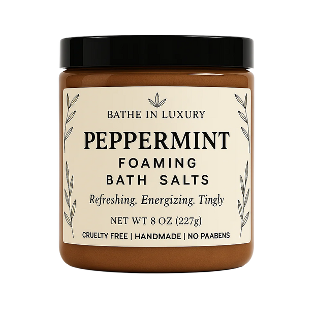 Jar of peppermint foaming bath salts with a black lid on a white background