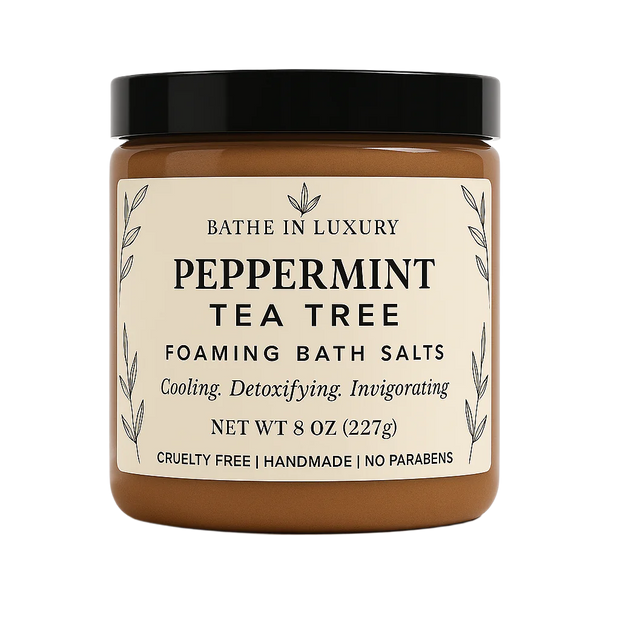 Jar of peppermint tea tree foaming bath salts with a black lid on a white background