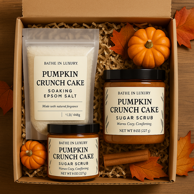 Pumpkin Crunch Cake themed soaps and bath products in a box with fall leaves.