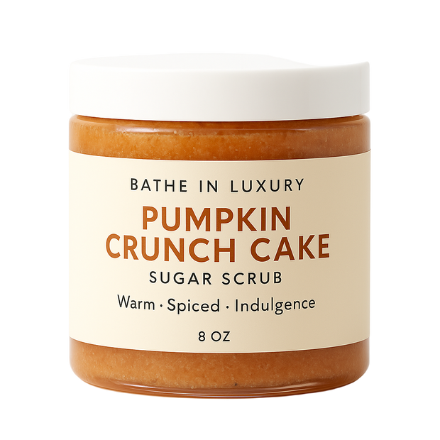 Jar of pumpkin crunch cake sugar scrub with a beige label on a white background