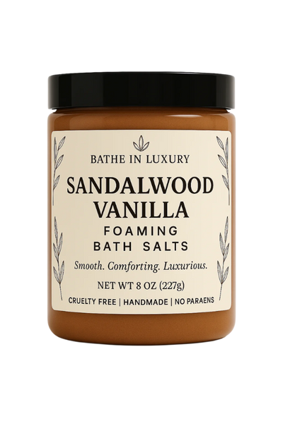Jar of sandalwood vanilla foaming bath salts with a black lid on a white background