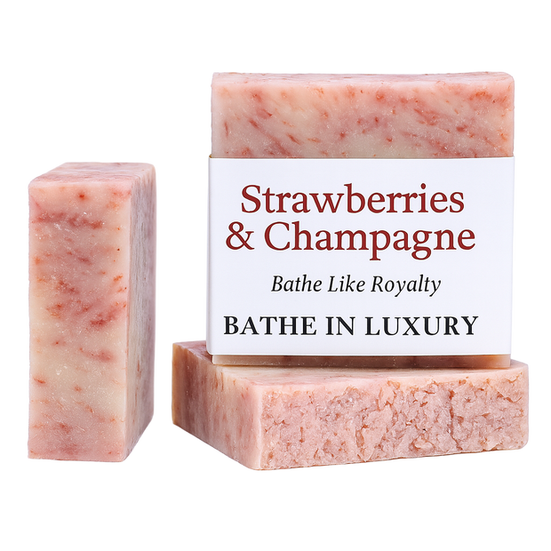 Three bars of 'Strawberries & Champagne' soap with a packaging box on a white background.