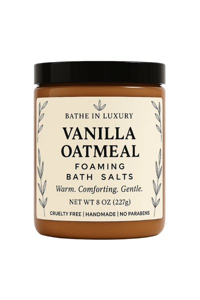 Jar of Vanilla Oatmeal foaming bath salts with a black lid on a white background
