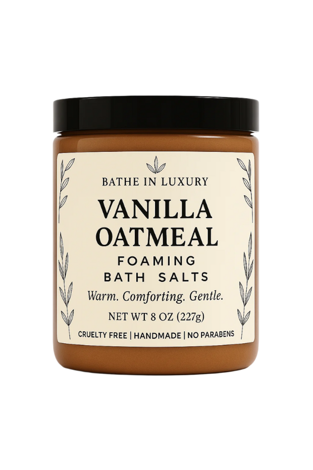 Jar of Vanilla Oatmeal foaming bath salts with a black lid on a white background